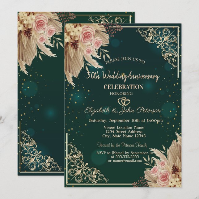 Invitation Cadres de coeurs Fleurs Vertes Mariage Anniversair (Devant / Derrière)