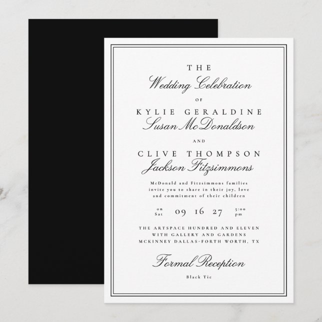 Invitation Cadres de mariage classiques noir et blanc formels (Devant / Derrière)