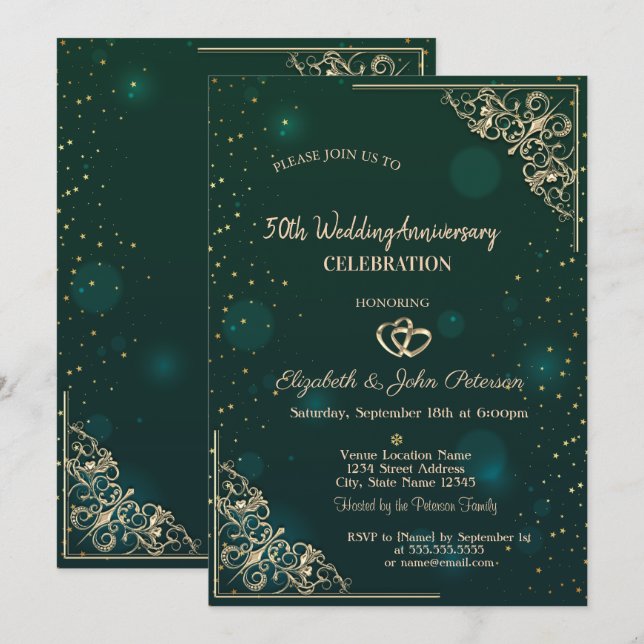 Invitation Cadres Élégants Cœurs Vert Mariage Anniversaire (Devant / Derrière)