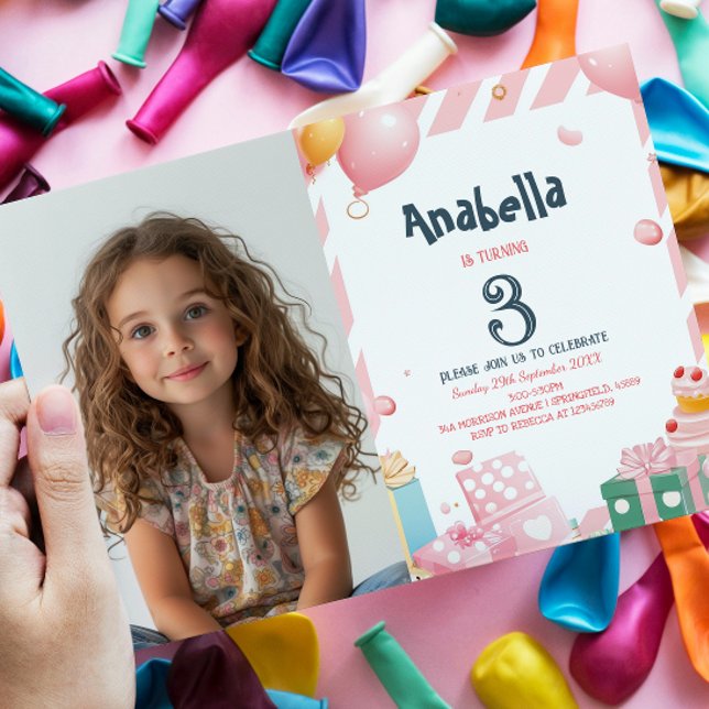 Invitation Cadres et ballons Fille rose Fête d'anniversaire (Créateur téléchargé)
