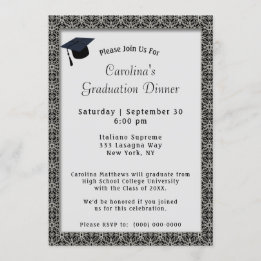 Invitation Cadres noirs Dîner Casquette Gris Graduation