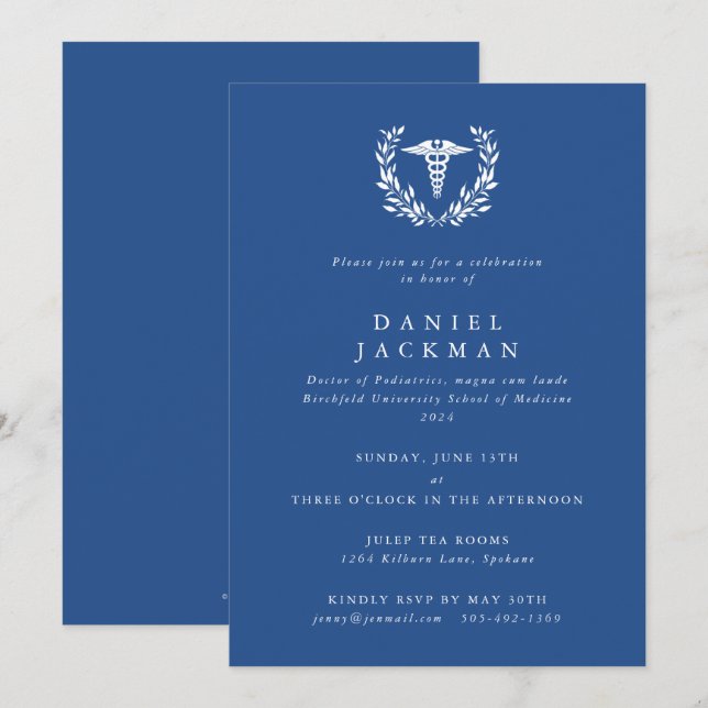 Invitation Caducée Bleu + Remise des diplômes de l'école de m (Devant / Derrière)