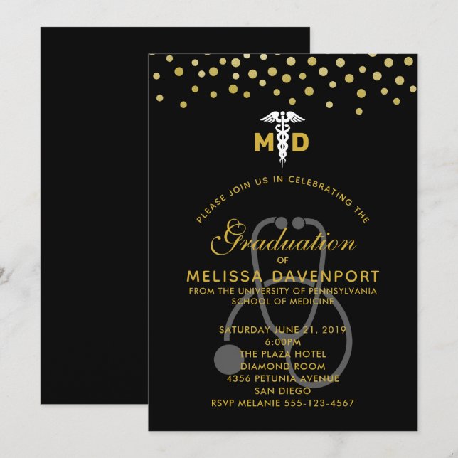 Invitation Caducée élégant et docteur diplômé au stéthoscope (Devant / Derrière)