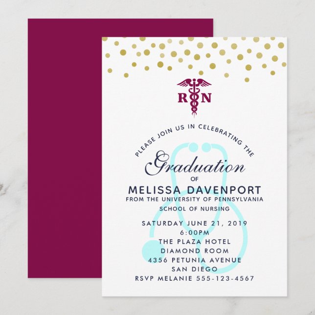 Invitation Caducée élégant et stéthoscope Diplômée en soins i (Devant / Derrière)