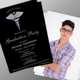 Invitation Caducée en argent médical foncé pour la remise des