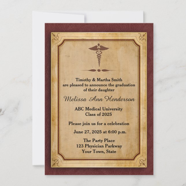Invitation Caducée, parchemin, Annoucement licencié Médicale (Devant)