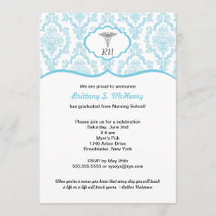 Invitation Caduceus Damask bleu Infirmière diplômée RN