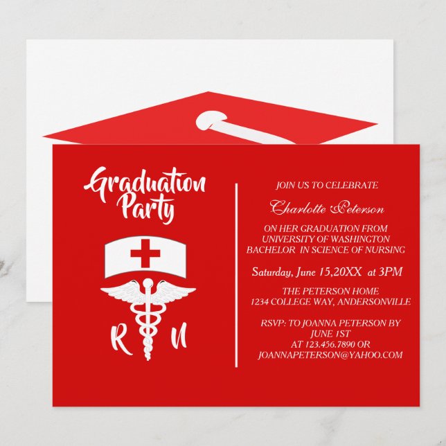 Invitation Caduceus moderne rouge et blanc Infirmière fête de (Devant / Derrière)
