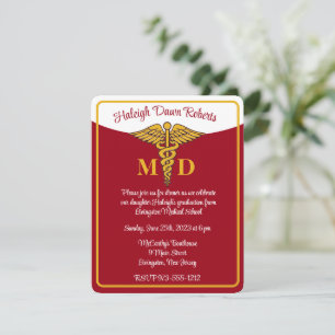 Invitation Caduceus Red/Gold/White Médicale School Graduation