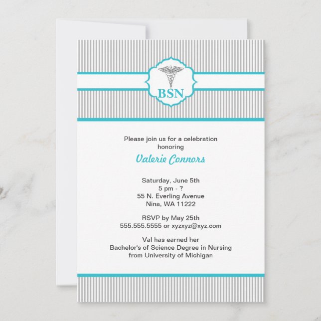 Invitation Caduceus RN BSN LPN Graduation Turquoise Blue (Devant)