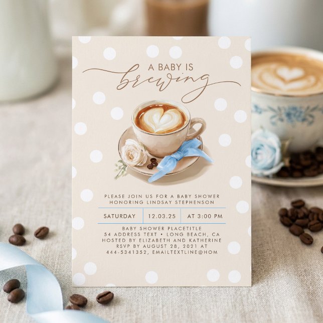Invitation Café Bébé au Ruban Bleu est en train de brasser Ga (Coffee Boy Baby Shower Invitations)