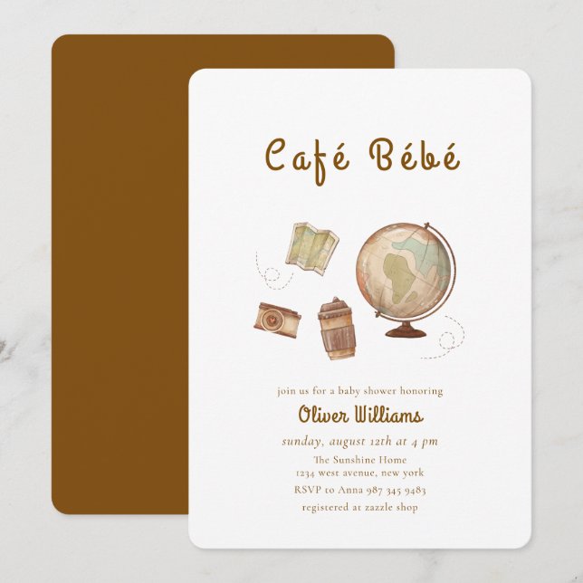 Invitation Café Bébé Aventure Globe Café Baby shower (Devant / Derrière)