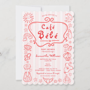 Invitation Café Bébé Baby shower français moderne rose rouge 
