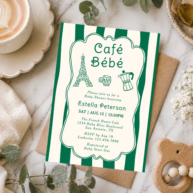 Invitation Café Bébé Paris Salon de Thé Mignon Bébé Vert Brun (Créateur téléchargé)