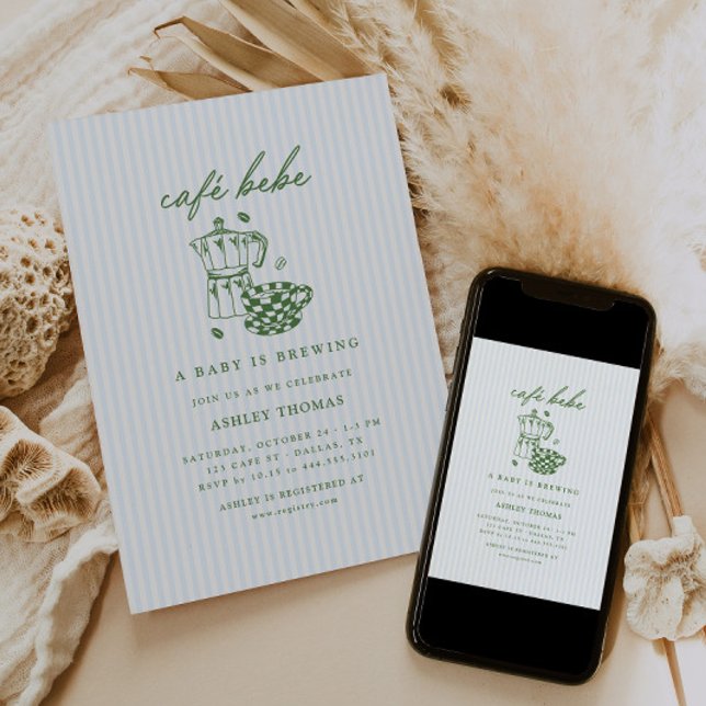 Invitation Cafe Bebe Shower | Bébé vert et bleu en route (Créateur téléchargé)