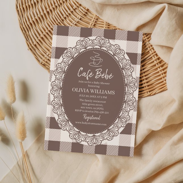 Invitation Cafe Bebe Taupe Rustique Cadre en Dentelle (Créateur téléchargé)