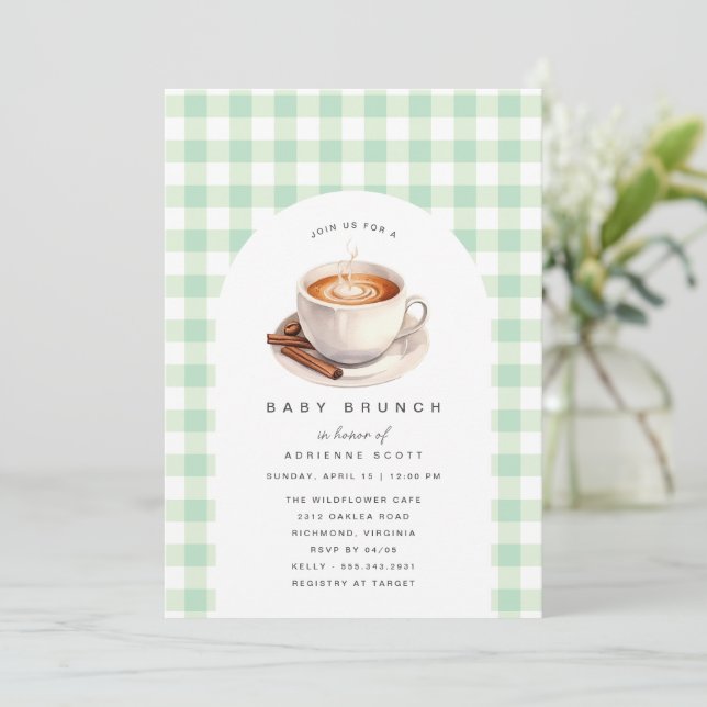 Invitation Café En vichy vert | Brunch Baby shower neutre (Debout devant)