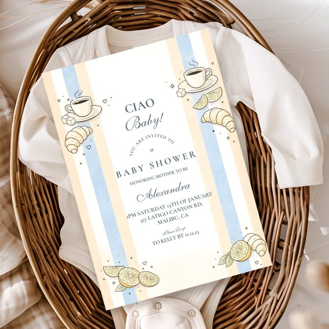 Invitation Café Italien Baby Shower Doodle Rayures (Créateur téléchargé)