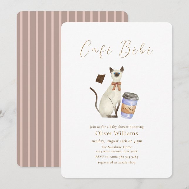 Invitation Café Neutre Bébé Chat Café  Baby shower (Devant / Derrière)