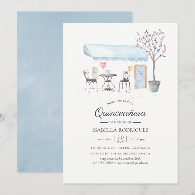 Invitation Café Paris Aquarelle Quinceañera (Devant / Derrière)