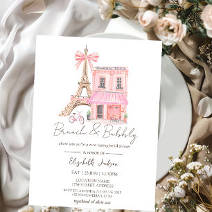 Invitation Café Parisien Aquarelle Rose Brunch et Bulles