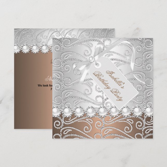 Invitation Café Perle d'Argent Diamants Fête d'anniversaire (Devant / Derrière)