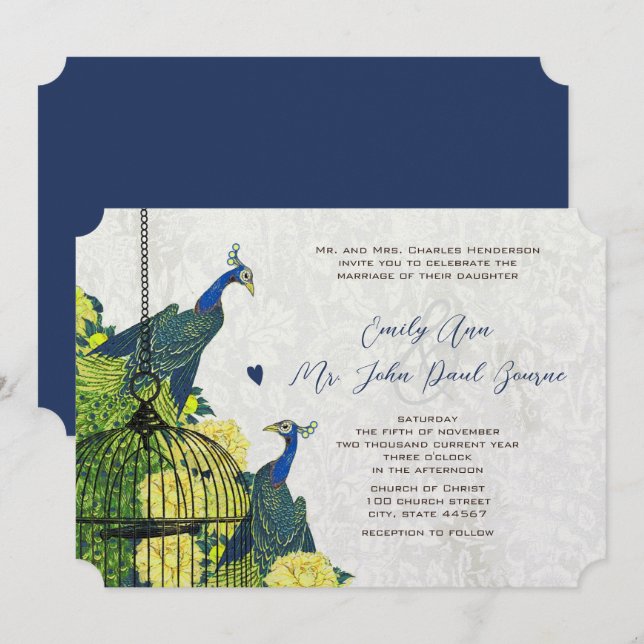 Invitation Cage à Oiseaux Paon Bleu Jaune et Argen (Devant / Derrière)