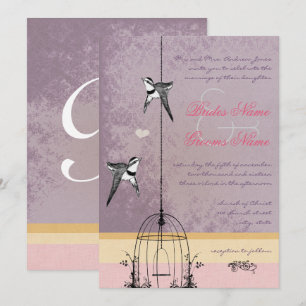 Invitation Cage à oiseaux vintage mariage rose or violet