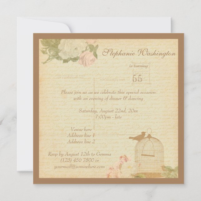 Invitation Cage à oiseaux vintage & Roses 55e Anniversaire (Dos)