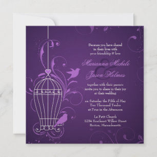 Invitation Cage d'oiseaux fantaisie avec Mariage d'aubergines