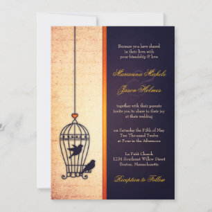 Invitation Cage d'oiseaux fantaisie avec Mariage de ruban or