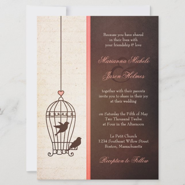 Invitation Cage d'oiseaux fantaisie - Chocolat et Mariage ros (Devant)