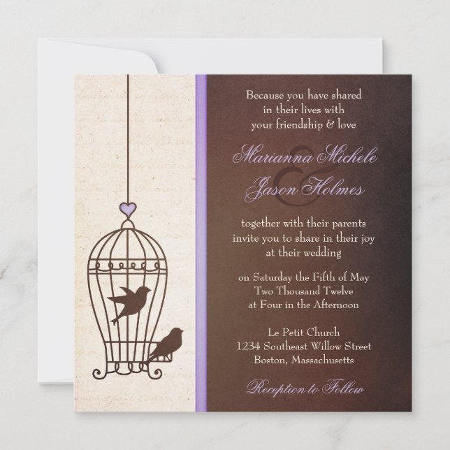 Invitation Cage d'oiseaux fantaisie - Lavande et Mariage de s (Devant)
