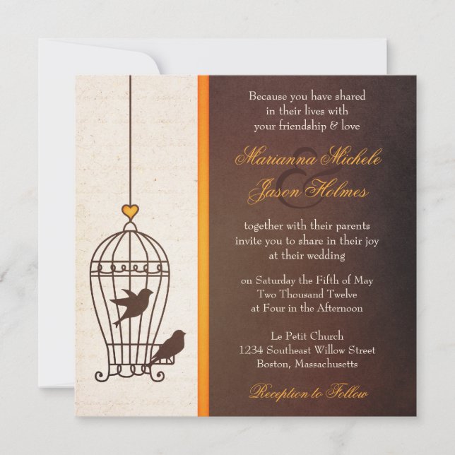 Invitation Cage d'oiseaux fantaisie - Mariage orange d'automn (Devant)
