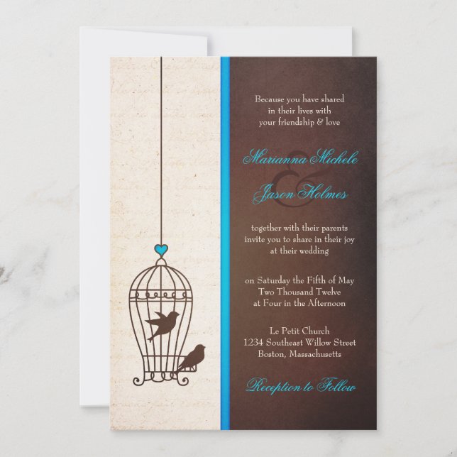 Invitation Cage d'oiseaux fantaisie - Mariage Turquoise et ch (Devant)