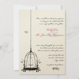 Invitation Cage d'oiseaux vintages Accents rouges Mariage Inv