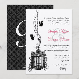 Invitation Cage d'oiseaux vintages Accents rouges Mariage Inv