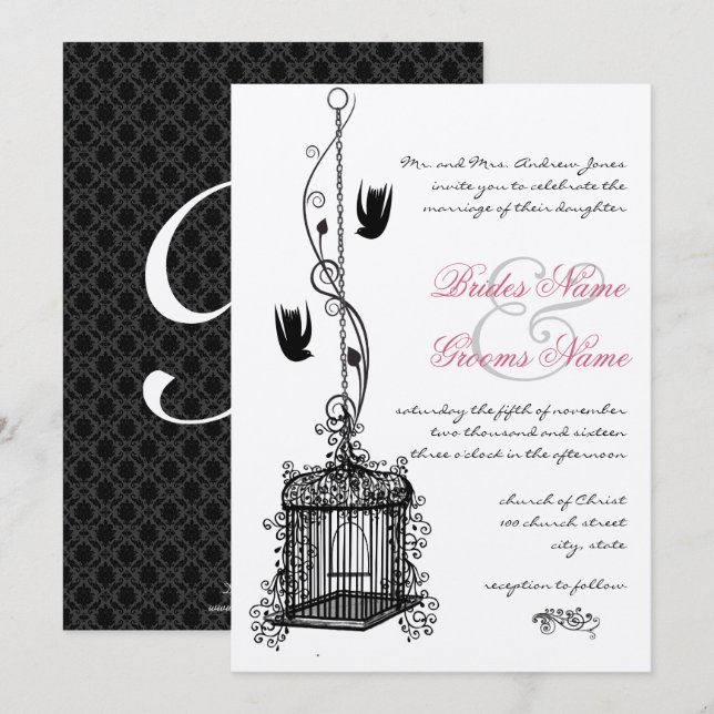 Invitation Cage d'oiseaux vintages Accents rouges Mariage Inv (Devant / Derrière)