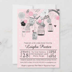 Invitation Cages d'oiseaux gris-rose et Baby shower de filles