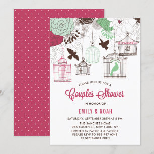 Invitation Cages d'oiseaux rouges et verts Couples floraux Do