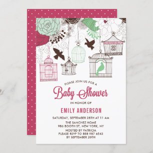 Invitation Cages d'oiseaux rustiques rouges et verts Baby sho