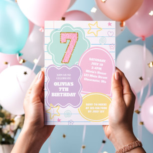 Invitation Cahier Varsity preppy pastel patch 7e anniversaire