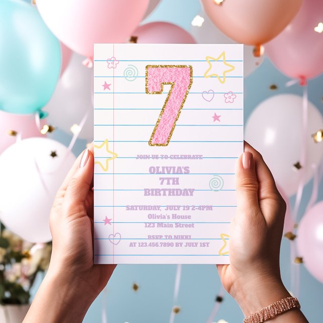 Invitation Cahier Varsity preppy pastel patch 7e anniversaire (Créateur téléchargé)