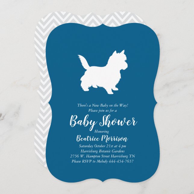 Invitation Cairn Terrier Chien Baby shower Blue Boy (Devant / Derrière)