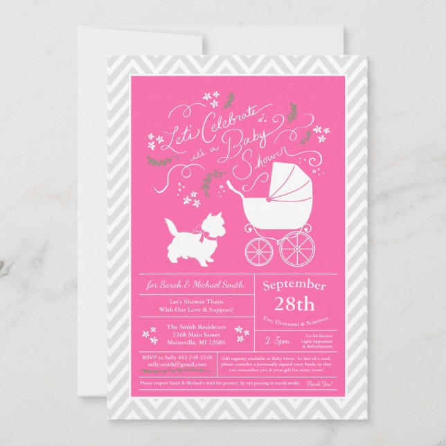 Invitation Cairn Terrier Chien Baby shower fille rose (Devant)
