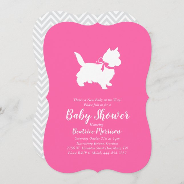 Invitation Cairn Terrier Chien Baby shower fille rose (Devant / Derrière)
