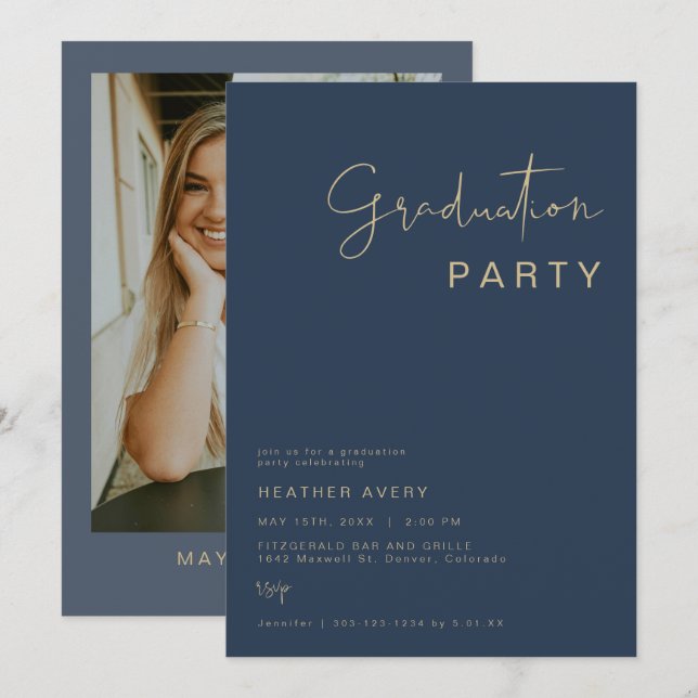 Invitation CAITLIN Modern Navy Blue Graduation Party Invitat (Devant / Derrière)