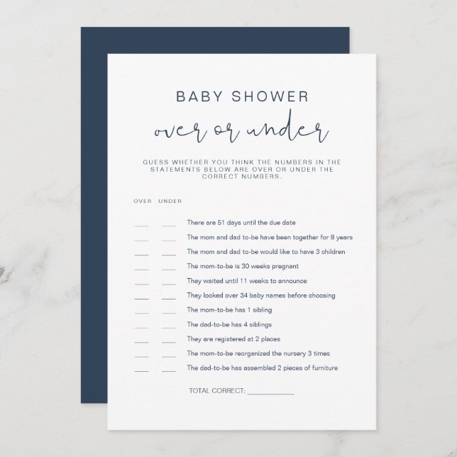 Invitation CAITLIN Navy Blue Over Under Baby shower Game Invi (Devant / Derrière)