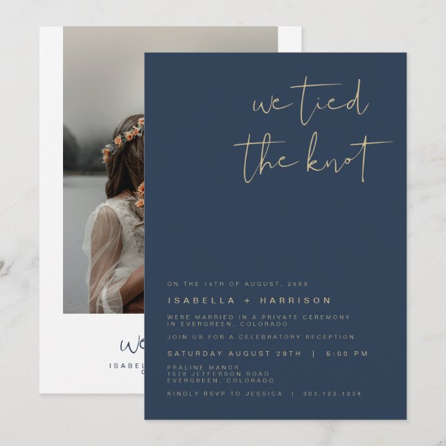Invitation CAITLIN Réception de mariage intime Navy Or Photo (Devant / Derrière)