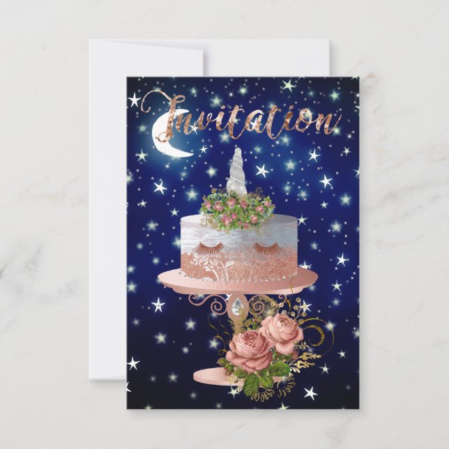 Invitation Cake Unicorn Rose Gold Blue Navy Starry Night (Devant)